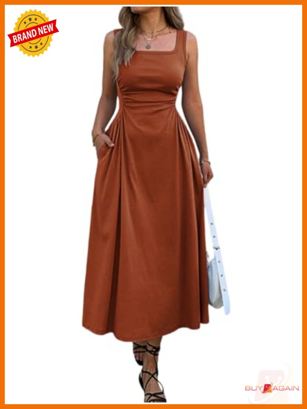Square Neck Sleeveless Slim-Fit Maxi Dress Ruched Waist Corset Flowy Casual